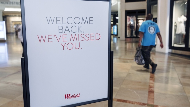 Signage welcome back shoppers at Westfield San Francisco Centre in San Francisco, California, U.S., on Thursday, June 18, 2020. San Francisco moved into Phase 2B on Monday, opening up outdoor dining and allowing customers to go inside retail stores to shop. Photographer: Michael Short/Bloomberg