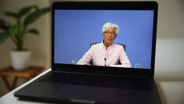 Christine Lagarde speaks during a live stream of the central bank's virtual rate decision news conference from Frankfurt on July 16. Photographer: Hollie Adams/Bloomberg
