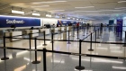 A Southwest Airlines Co. check-in area is seen inside a nearly empty Terminal 1 at Los Angeles International Airport (LAX) in Los Angeles, California, U.S., on Thursday, April 9, 2020. Passenger traffic has fallen about 95% compared with a year ago, according to the Transportation Security Administration. Photographer: Patrick T. Fallon/Bloomberg