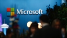 A logo sits on display outside the Microsoft Corp. pavilion at the Mobile World Congress in Barcelona.