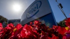 Intel Corp. signage is displayed at the entrance to the company\'s headquarters in Santa Clara, California. Photographer: David Paul Morris/Bloomberg