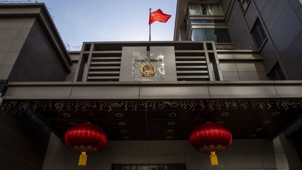 The Chinese flag stands on display outside the China Consulate General building in Houston, Texas, on July 22.