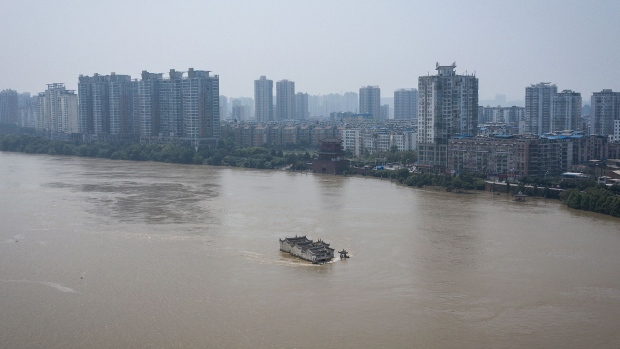 WUHAN, CHINA - JULY 24: (CHINA OUT) An aerial view of the Kwanyin Temple in the middle of the flooded Yangtze River on July 24, 2020 in Ezhou, Hubei province, China. The temple, on a rocky island in the mighty river, was first built in 1345AD, and collapsed and was rebuilt multiple times in history. (Photo by Getty Images)
