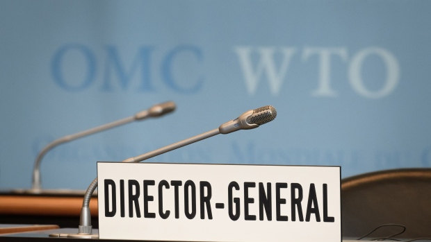 A picture taken on July 23, 2020 shows the empty seat and desk of the World Trade Organization (WTO) director-general prior to a general council in Geneva. Photographer: Fabrice Coffrini/AFP/Getty Images