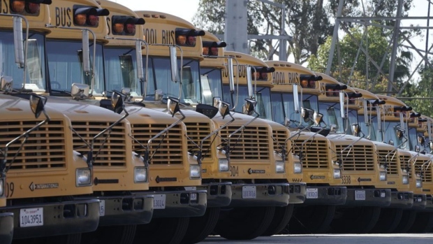 Navistar International Corp. school buses are stored at the San Diego Unified School District Transportation Department in San Diego, California, U.S., on Thursday, July 9, 2020.