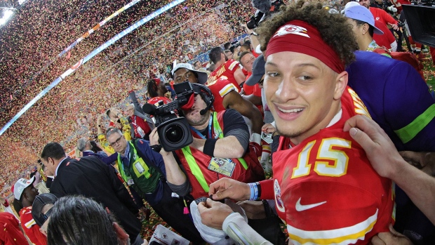 Patrick Mahomes of the Kansas City Chiefs celebrates after defeating the San Francisco 49ers in Super Bowl LIV in Miami on Feb. 2.