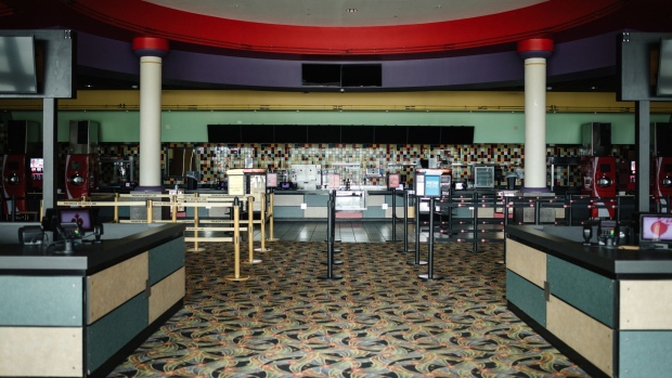 The lobby is seen at the temporarily closed AMC Classic Cartersville 12 movie theater in Cartersville, Georgia, U.S., on Wednesday, April 22, 2020. Georgia is reopening for business more aggressively than any state in the U.S., after being one the last to order a statewide shutdown.