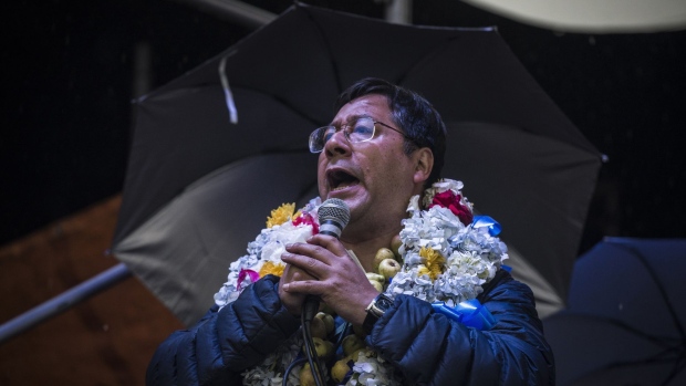 Luis Arce Catacora speaks during a campaign rally in El Alto, Bolivia, on Feb. 8.