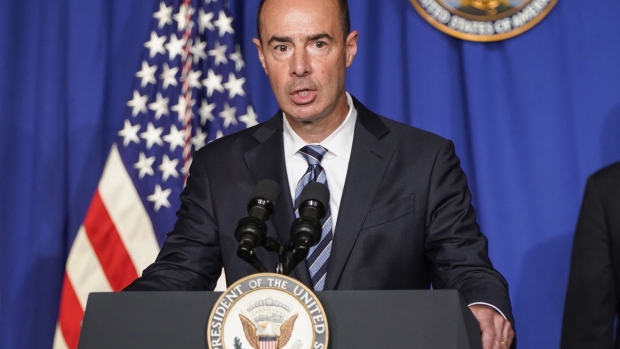 Eugene Scalia, U.S. secretary of labor, speaks during a White House Coronavirus Task Force briefing at the Department of Education in Washington, D.C., U.S., on Wednesday, July 8, 2020. President Donald Trump today said he may cut funding if schools do not open before the November election.