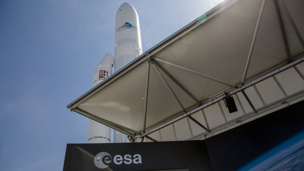 An Arianespace SA rocket stands beyond the European Space Agency (ESA) exhibition stand ahead of the 52nd International Paris Air Show at Le Bourget, in Paris, France. Photographer: Marlene Awaad/Bloomberg