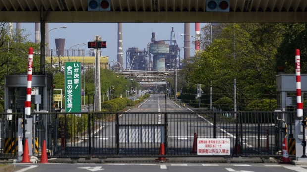 A Nippon Steel Corp. plant stands in Kashima, Ibaraki Prefecture, Japan, on Wednesday, April 29, 2020. Japan’s industrial production fell less than expected in March but much steeper declines are likely ahead as a nationwide state of emergency shutters factories and keeps shoppers home to contain the coronavirus.