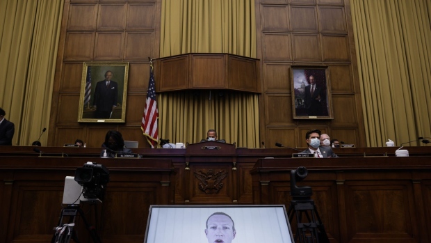 Mark Zuckerberg, chief executive officer and founder of Facebook Inc., speaks via videoconference during a House Judiciary Subcommittee hearing in Washington, D.C., U.S., on Wednesday, July 29, 2020. Chief executives from four of the biggest U.S. technology companies face a moment of reckoning in an extraordinary joint appearance before Congress that will air bipartisan concerns that they are using their dominance to crush rivals at the expense of consumers.