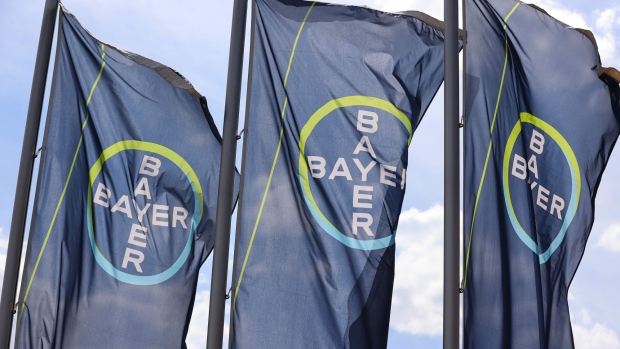 The Bayer AG logo sits on banners outside the Bayer CropScience AG research and development facility in Frankfurt, Germany, on Monday, July 13, 2020. Germany’s economy continues to recover following the easing of coronavirus-related restrictions, but remains well below capacity, according to a government report. Photographer: Alex Kraus/Bloomberg