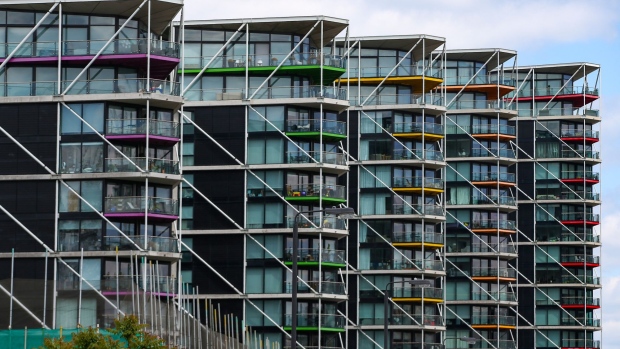 Balconies sit on the exteriors of blocks of flats that make up the the Riverlight residential development in the Nine Elms district in London, U.K., on Tuesday, May 12, 2020. The pandemic has crushed hopes of a recovery in Londons housing market after years of sustained declines. Photographer: Hollie Adams/Bloomberg