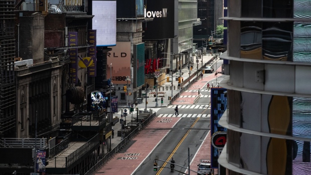 A nearly empty street is seen in Times Square in New York on June 11.