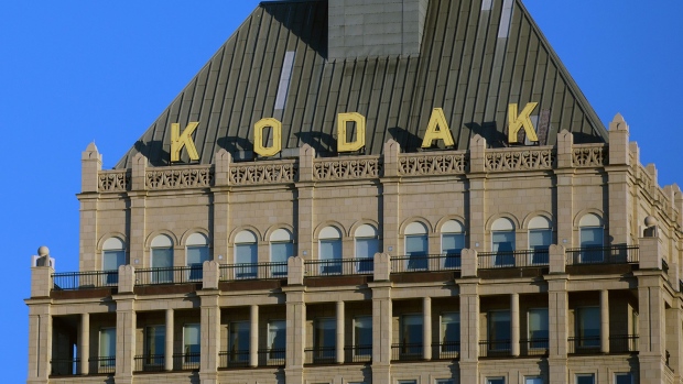 Signage is displayed outside Kodak Tower at the Eastman Kodak Co. headquarters complex in Rochester, New York, U.S., on Saturday, Aug.1, 2020. Eastman Kodak Co. plans to make ingredients for generic drugs, aided by a $765 million U.S. government loan, the first fruits of a Trump Administration program aimed at bolstering American drug-making capabilities in the age of Covid-19.