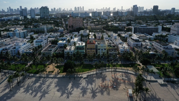 MIAMI BEACH, FLORIDA - MAY 31: An aerial drone view of Lummus Park and Ocean Drive in the South Beach neighborhood on May 31, 2020 in Miami Beach, Florida. As part of the reopening process around the COVID-19 pandemic, some restaurants are now offering dine-in table service in the city of Miami Beach. (Photo by Cliff Hawkins/Getty Images) Photographer: Cliff Hawkins/Getty Images North America