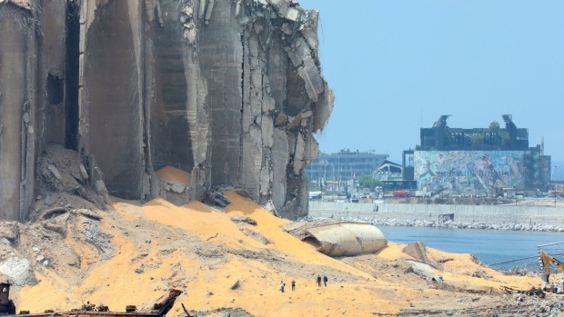 Grain spills from damaged wheat silos in the Port of Beirut. Photographer: Hasan Shaaban/Bloomberg