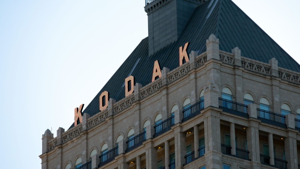 Signage is displayed outside Kodak Tower at the Eastman Kodak headquarters complex in Rochester, New York.