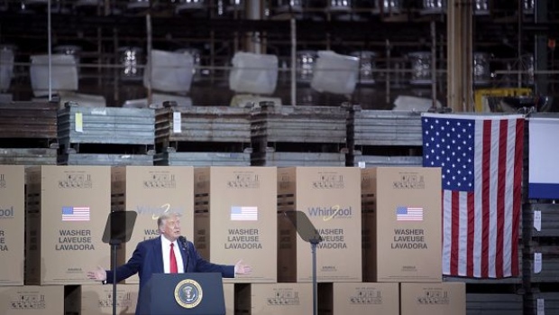 CLYDE, OHIO - AUGUST 06: U.S. President Donald Trump speaks to workers at a Whirlpool manufacturing facility on August 06, 2020 in Clyde, Ohio. Whirlpool is the last remaining major appliance company headquartered in the United States. With more than 3,000 employees, the Clyde facility is one of the world's largest home washing machine plants, producing more than 20,000 machines a day. (Photo by Scott Olson/Getty Images)
