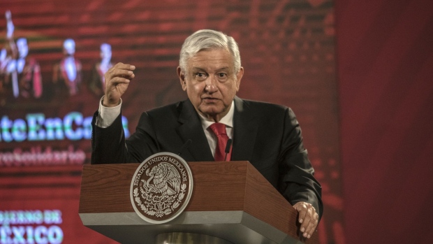 Andres Manuel Lopez Obrador, Mexico's president, speaks during a news conference at the National Palace in Mexico City, Mexico, on Wednesday, July 22, 2020. Lopez Obrador presented a plan to overhaul the nation's $266 billion pension system, seeking to have companies pay more toward employee retirement funds, in a rare display of unity with business leaders.