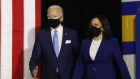 Joe Biden and Kamala Harris arrive to a campaign event in Wilmington, Delaware on Aug. 12.