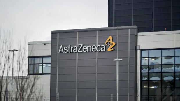 The AstraZeneca Plc logo sits on an building at the company's facilities in Sodertalje, Sweden, on Thursday, April 11, 2019. AstraZeneca raised its annual sales forecast, helped by demand for the U.K. drugmaker's roster of new cancer drugs. Photographer: Mikael Sjoberg/Bloomberg