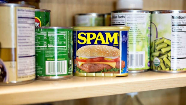A can of Hormel Foods Corp. Spam brand cooked meat is arranged for a photograph in Tiskilwa, Illinois, U.S., on Thursday, May 17, 2018. Hormel is scheduled to release earnings figures on May 24.