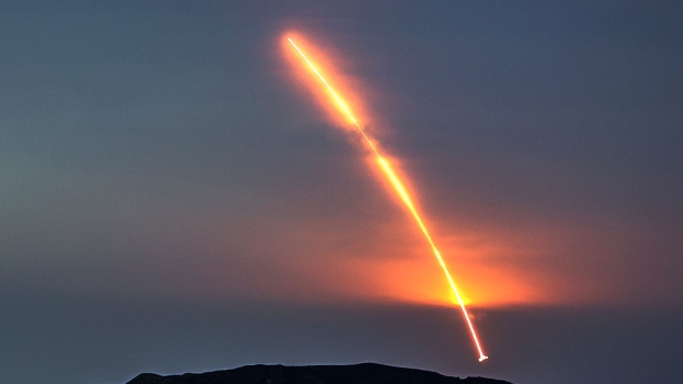 LOS ANGELES, CA - MAY 05: The Atlas 5 rocket carrying the Mars InSight probe launches from Vandenberg Air Force Base, as seen from the San Gabriel Mountains more than 100 miles away, on May 5, 2018 near Los Angeles, California. 