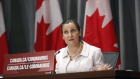 Chrystia Freeland, Canada's deputy prime minister, speaks during a news conference in Ottawa, Ontario, Canada, on Thursday, July 16, 2020. Prime Minister Justin Trudeau said that the Canada and the provinces have agreed on a C$19 billion Covid plan that includes child care, sick leave, and transit.
