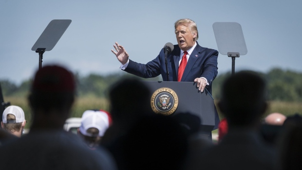 U.S. President Donald Trump speaks during a rally at North Star Aviation in Mankato, Minnesota, U.S., on Monday, Aug. 17, 2020.