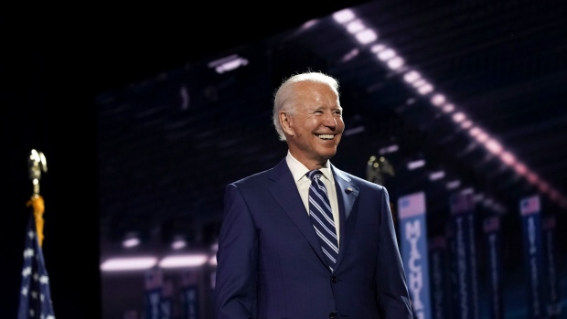 Joe Biden reacts during the Democratic National Convention at the Chase Center in Wilmington, Delaware, on Aug. 19.