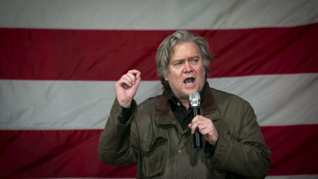 Steve Bannon speaks during a campaign rally in Fairhope, Alabama in 2017. Photographer: Nicole Craine/Bloomberg