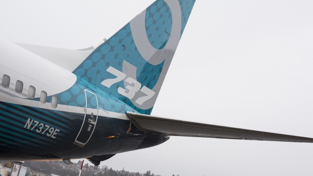 The tail of a Boeing Co. 737 Max 9 jetliner sits at the company's manufacturing facility in Renton, Washington, U.S., on Tuesday, Mar. 7, 2017.