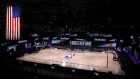 An empty court and bench is shown following the scheduled start time in Game Five of the Eastern Conference First Round between the Milwaukee Bucks and the Orlando Magic during the 2020 NBA Playoffs at AdventHealth Arena at ESPN Wide World Of Sports Complex on August 26, 2020 in Lake Buena Vista, Florida.