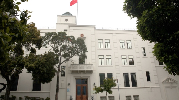 SAN FRANCISCO, CALIFORNIA - JULY 24: A view of the Consulate General of China on July 24, 2020 in San Francisco, California. Juan Tang, a researcher at the University of California, Davis who took refuge in the Chinese consulate in San Francisco, was arrested for allegedly lying to investigators about her Chinese military service. (Photo by Justin Sullivan/Getty Images)