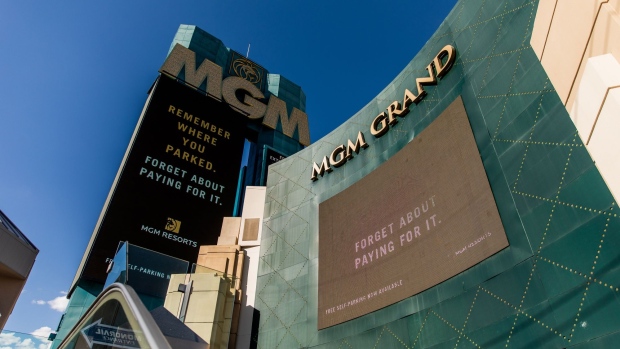 Signage is displayed outside the MGM Grand Hotel and Casino in Las Vegas, Nevada, U.S., on Sunday, July 26, 2020. MGM Resorts International is scheduled to releasing earnings figures on July 30. Photographer: Roger Kisby/Bloomberg