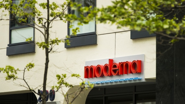 Signage is displayed on the Moderna Inc. headquarters in Cambridge, Massachusetts, U.S., on Monday, May 25, 2020. An experimental coronavirus vaccine from Moderna Inc. may wind up being “good enough” to be the first authorized inoculation, but is unlikely to be the best, an Evercore ISI analyst said. Photographer: Adam Glanzman/Bloomberg