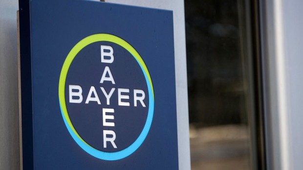 The Bayer AG logo sits on display at the company's pharmaceutical division factory in Berlin, Germany, on Wednesday, March 20, 2019. Bayer reports earnings on April 25. Photographer: Krisztian Bocsi/Bloomberg