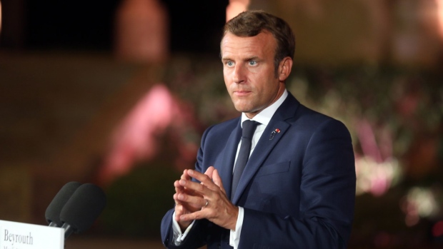 Emmanuel Macron, France's president, speaks during a news conference in Beirut, Lebanon, on Tuesday, Sept. 1, 2020. 