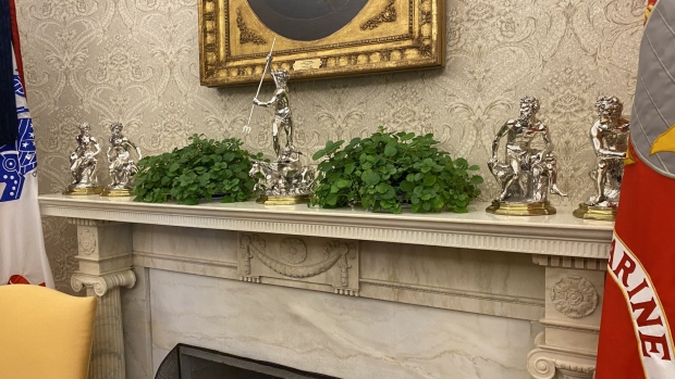 Figurines of Greek mythical characters Trump ordered removed from the French ambassador's residence in November 2018, now on display in the Oval Office.