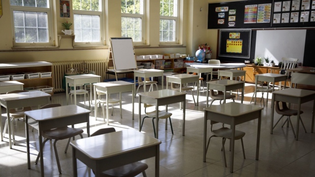 Socially distanced desks inside a classroom at Blessed Sacrament Catholic School as it prepares to reopen in Toronto, Ontario, Canada, on Friday, Sept. 4, 2020.