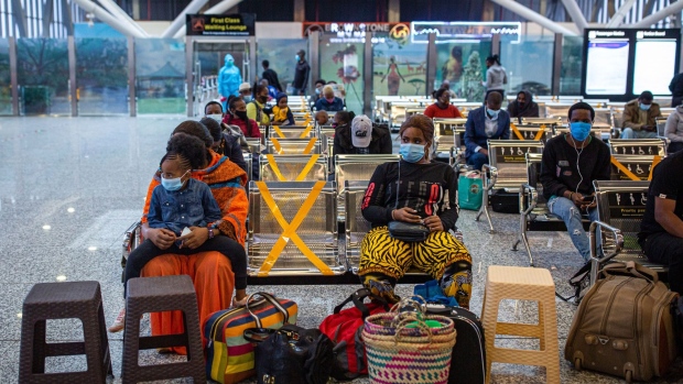 Barrier tape cordons off seating to assist social distancing in the passenger waiting area inside the Nairobi Standard Gauge Railway (SGR) Terminus in Nairobi, on Aug. 18.