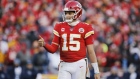 KANSAS CITY, MISSOURI - JANUARY 19: Patrick Mahomes #15 of the Kansas City Chiefs reacts after a play in the second half against the Tennessee Titans in the AFC Championship Game at Arrowhead Stadium on January 19, 2020 in Kansas City, Missouri. (Photo by David Eulitt/Getty Images)