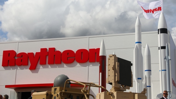 Displays of missiles stand at the Raytheon International Inc. chalet on day two of the Farnborough International Airshow (FIA) 2018 in Farnborough, U.K., on Tuesday, July 17, 2018. The air show, a biannual showcase for the aviation industry, runs until July 22.