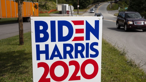 SCRANTON, PENNSYLVANIA - SEPTEMBER 11: Political posters favoring U.S. presidential candidate former Vice President Joe Biden and Senator Kamala Harris are attached near a road September 11, 2020 in Scranton, Pennsylvania. Republican candidate Donald Trump won this part of northeastern Pennsylvania in 2016. Signs are a big element in the 2020 election campaign. (Photo by Robert Nickelsberg/Getty Images)