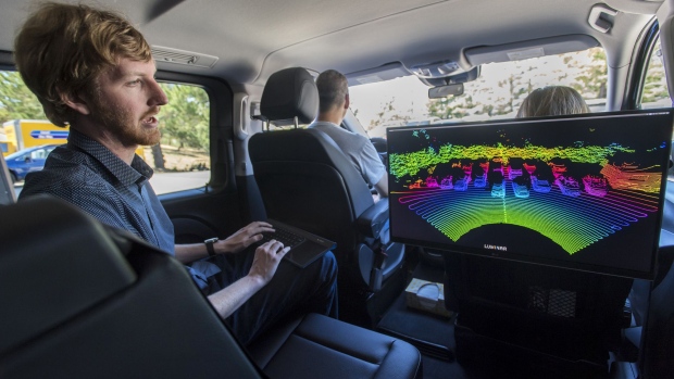Austin Russell, founder and chief executive officer of Luminar Technologies Inc., demonstrates imaging created by a lidar as he speaks during an interview at the company's headquarters in Portola Valley, California, U.S., on Friday, July 7, 2017. Russell and his team are building lidar systems, hyper-accurate laser sensing technology crucial for self-driving cars.