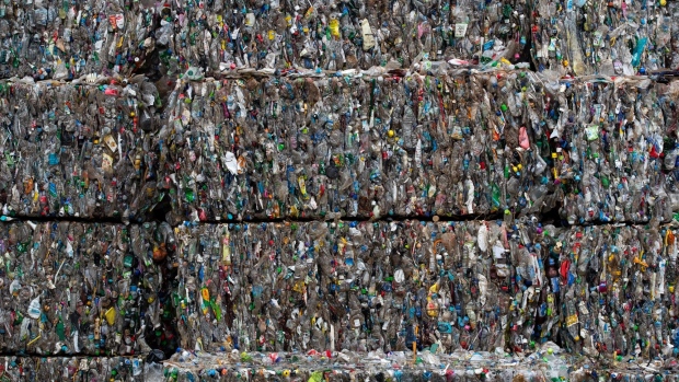 Crushed plastic bottles and containers are stacked at Yongin Recycling Center in Yongin, South Korea, on Monday, Sept. 14, 2020. The coronavirus is undermining global efforts to ease plastic pollution, with lockdown measures curbing recycling activity in South and Southeast Asia, according to a report commissioned by Circulate Capital LLC.