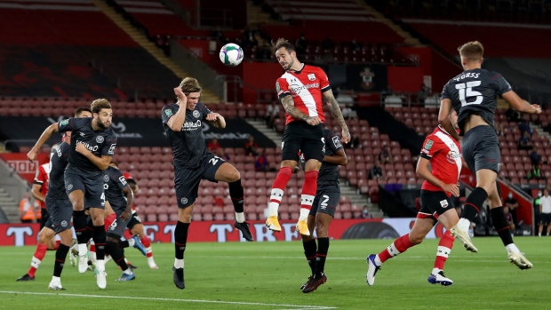 Danny Ings of Southampton wins a header during a match between Southampton FC and Brentford FC at St. Mary's Stadium in Southampton, England in Sept. 16.