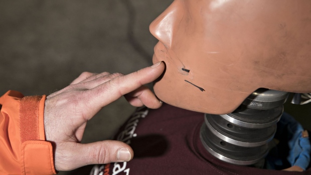 Cuts from drone blades are seen on the face of a crash test dummy after test experiments are performed with unmanned aerial systems (UAS) on the campus of Virginia Tech in Blacksburg, Virginia, U.S., on Tuesday, Feb. 14, 2017. There is little disagreement that the small- and medium-sized drones flooding the U.S. market can cause serious injury or even death in a worst-case scenario. That's why aviation regulators, academic institutions and would-be users are racing to measure the actual dangers of unmanned aircraft in hopes it will help them devise ways to minimize the risks to people and traditional aircraft. Photographer: Andrew Harrer/Bloomberg